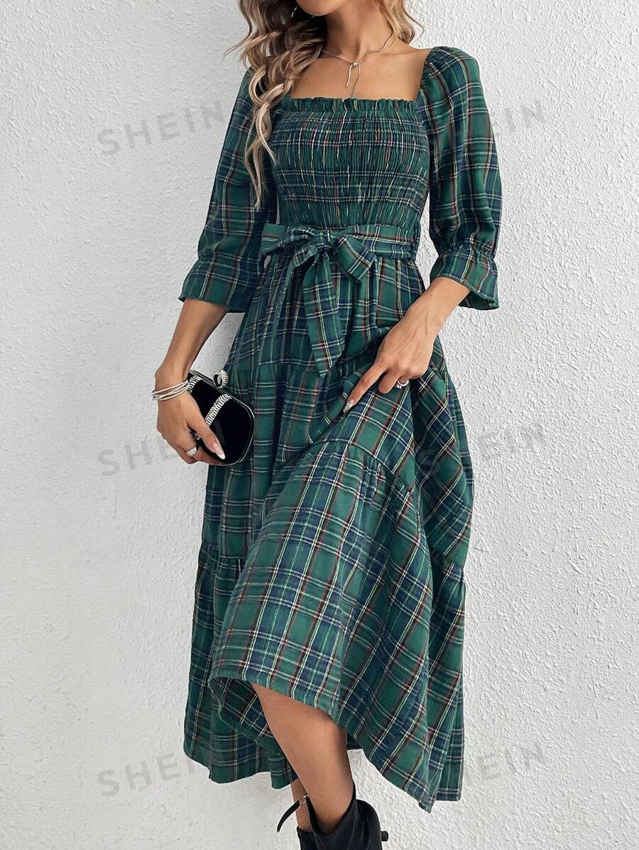 SHEIN Privé Women's Plaid Print Chest Shirred & Ruffle Sleeve Dress | SHEIN