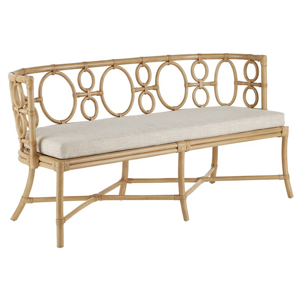 Theo Coastal Beach Beige Upholstered Natural Rattan Bench | Kathy Kuo Home