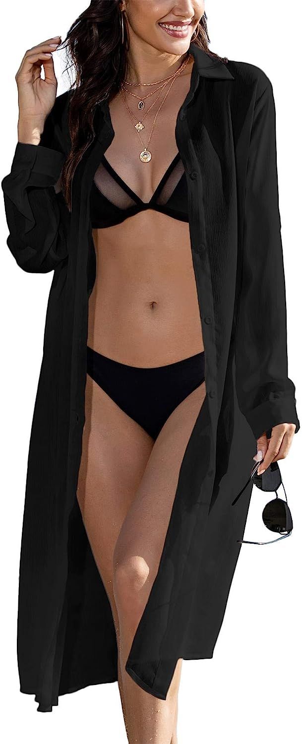 Zeagoo Swimsuit Cover Ups Roll-up Sleeve Bikini Beachwear Button Down Bathing Suit Beach Shirt S-... | Amazon (US)