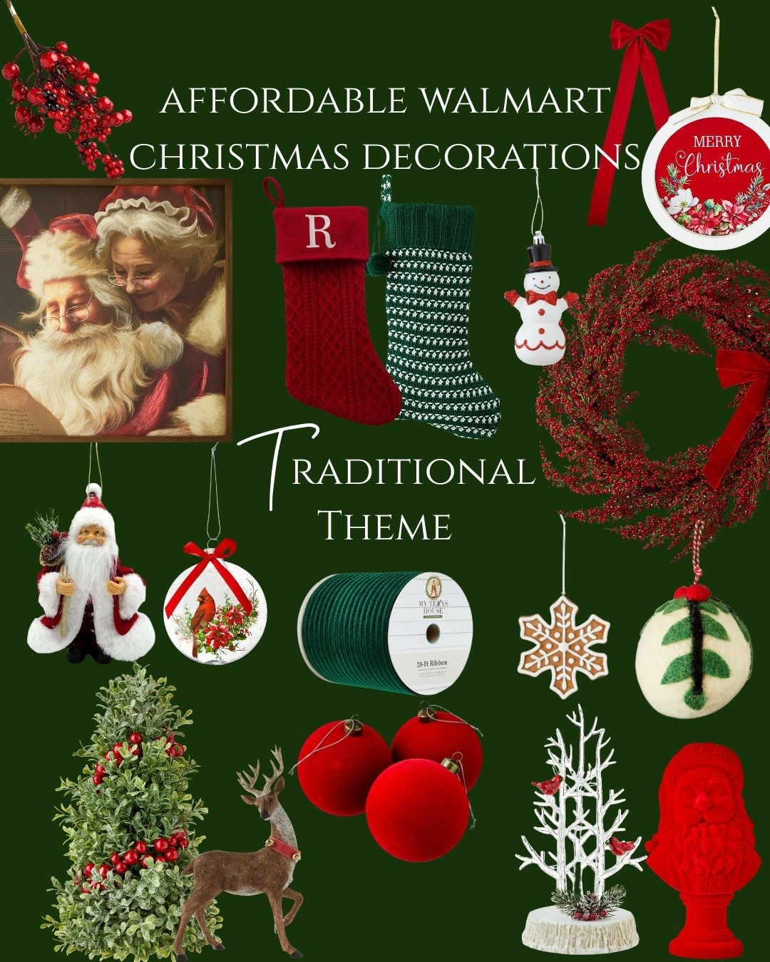 This classic red-and-green Christmas theme is perfect for anyone who loves timeless holiday style without overspending. The Traditional Theme includes nostalgic Santa ornaments, cardinal accents, red berry wreaths, cozy knit stockings, velvet ornaments, woodland reindeer, and rich green ribbon, all from Walmart and all incredibly budget-friendly. These pieces create a warm, festive, old-fashioned Christmas look filled with charm, nostalgia, and bold holiday color. Shop affordable Christmas decor, red and green holiday decorations, Walmart Christmas finds, and traditional holiday styling essentials that look high-end for less.

#LTKHome #LTKSeasonal #LTKHoliday