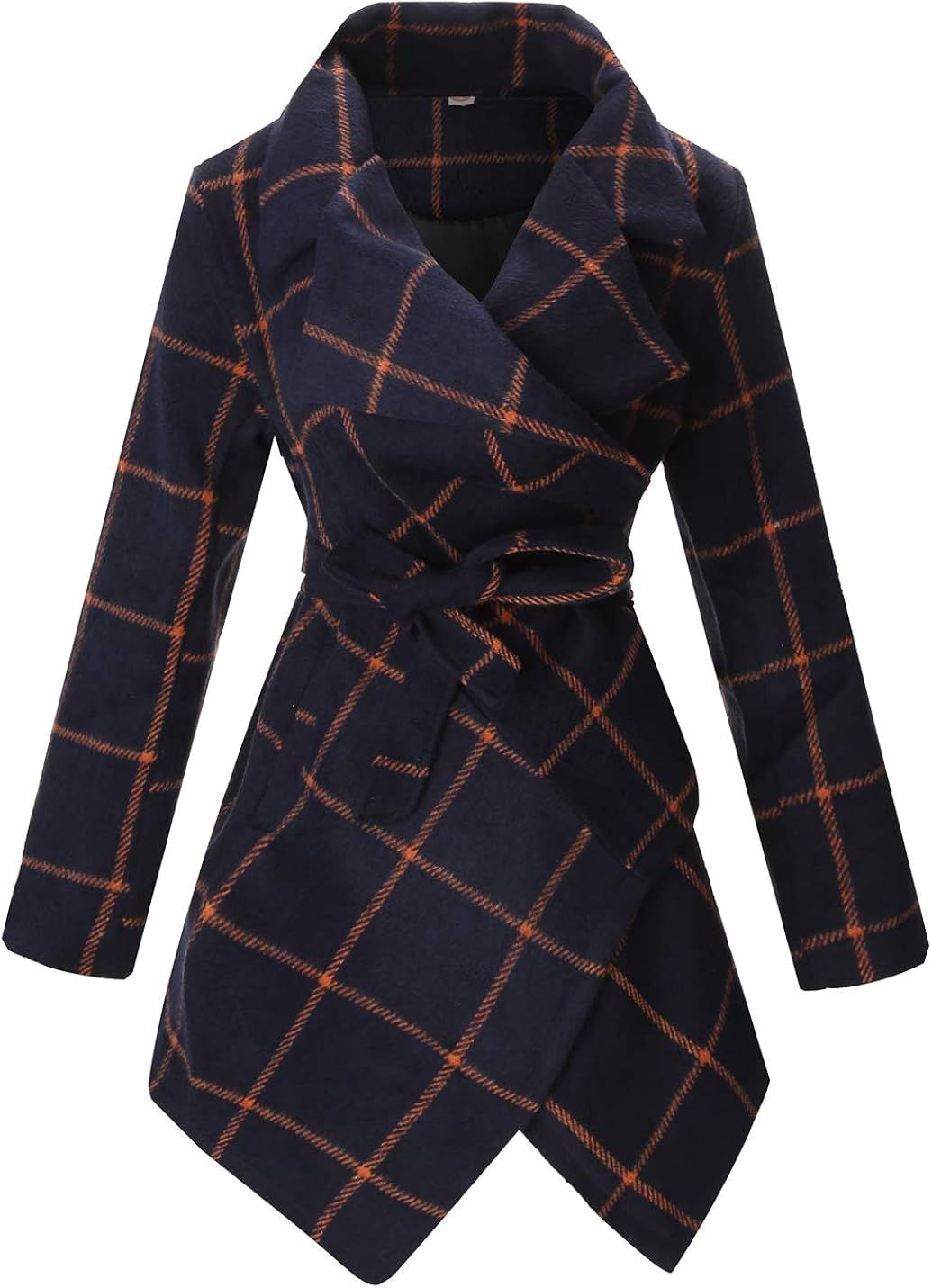 PLREOSEVNTE Women's Turn Down Collar Grid Coat Belted Wool Blend Coat Asymmetric Hem Wrap Coat | Amazon (US)