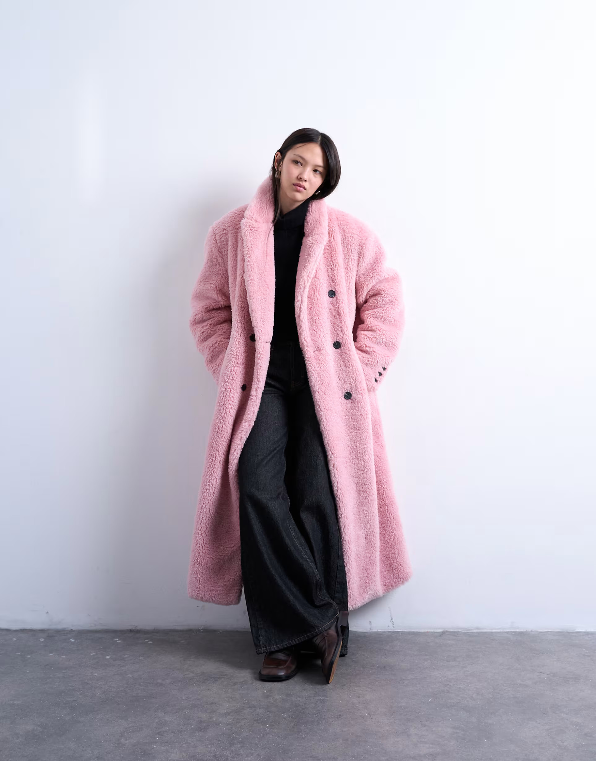 Topshop double breasted teddy longline coat in pink | ASOS (Global)