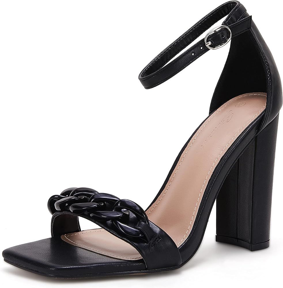 Ermonn Womens Square Toe Heeled Sandals Dressy Summer Chunky High Heels Ankle Strap Wedding Dress Sh | Amazon (US)
