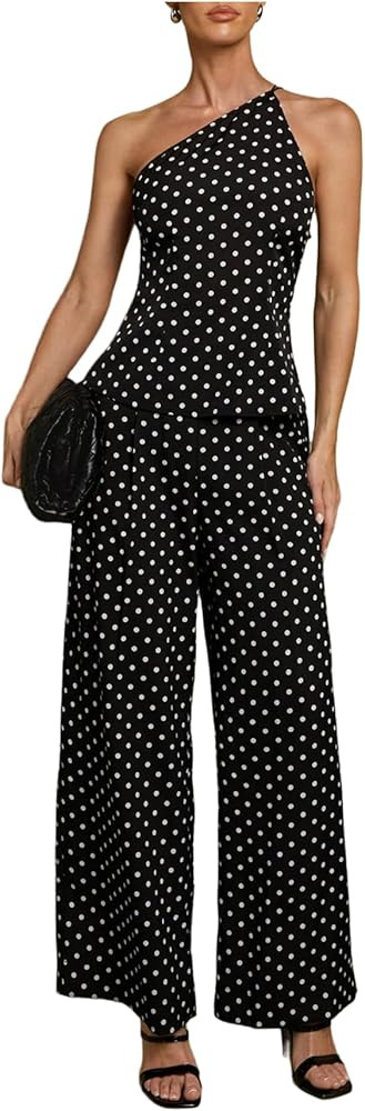 SweatyRocks Women's 2 Piece Outfits Polka Dots One Shoulder Top and Wide Leg Pants Matching Sets | Amazon (US)