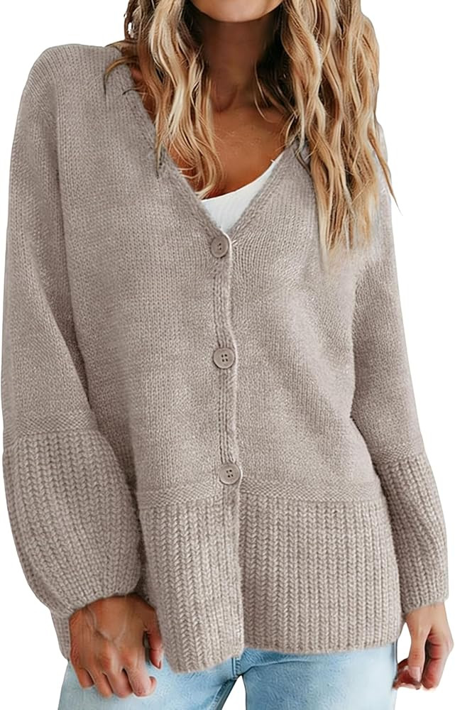 Women’s V Neck Knitted Cardigan Long Balloon Sleeve Button Down Front Sweater Casual Contrast K... | Amazon (US)