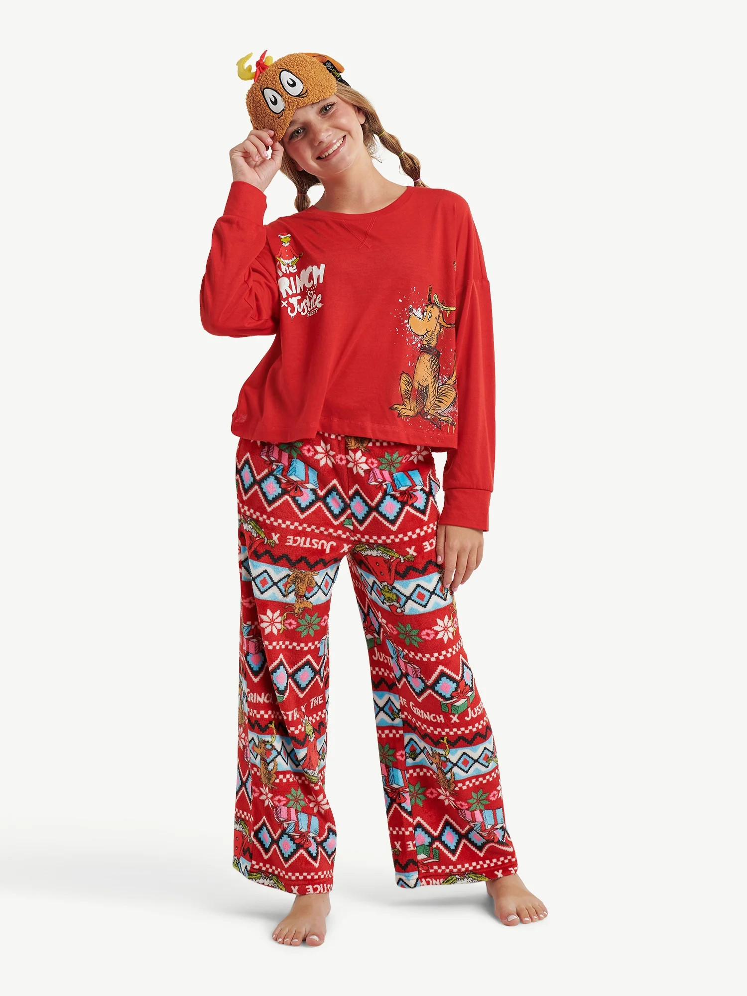 Justice Girls Grinch Max Long Sleeve Top and Sleep Pant with Max Eye mask, 3-Piece Pajama Set, Si... | Walmart (US)