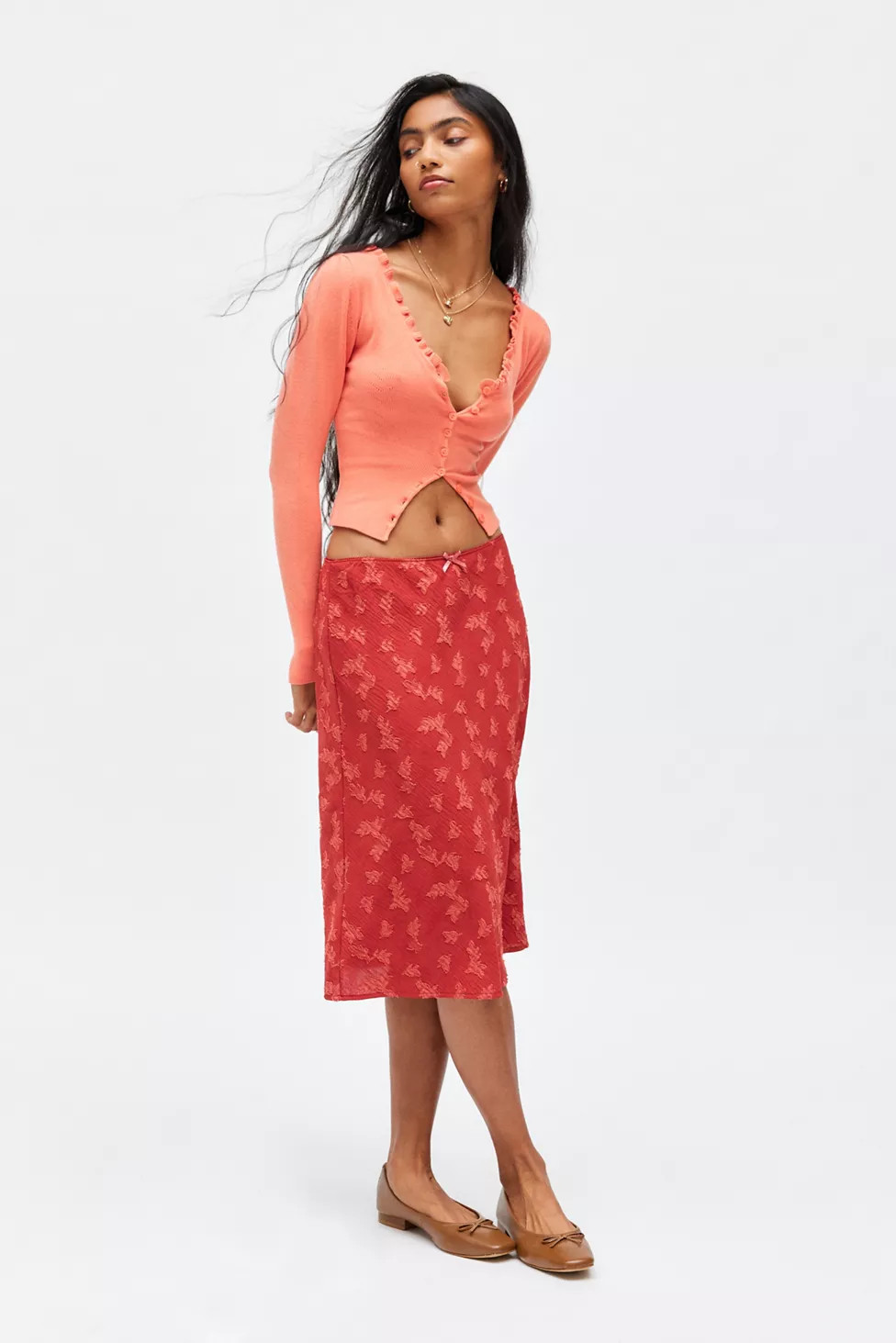 Urban Renewal Remnants Textured Floral Jacquard Knee Length Skirt | Urban Outfitters (US and RoW)