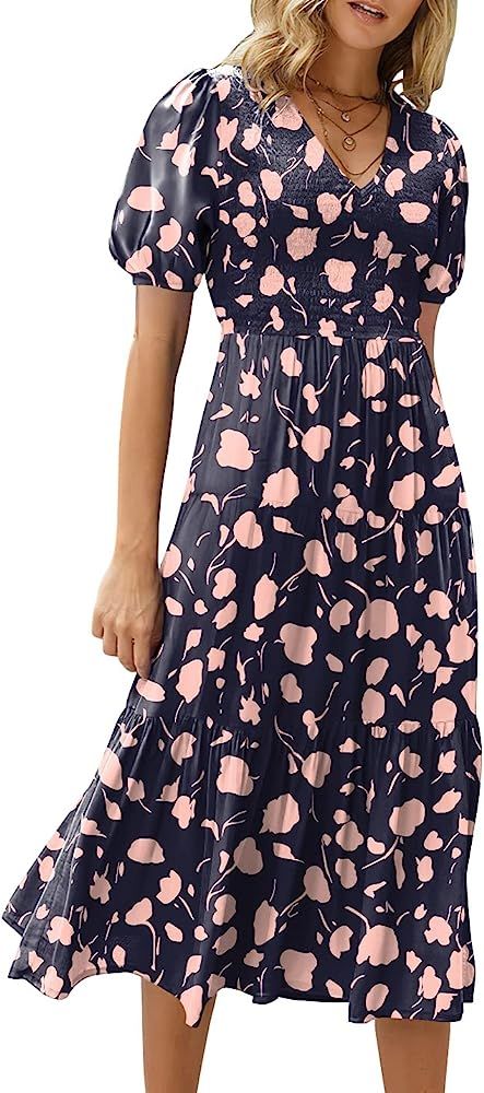 ANRABESS Women's Summer Puff Short Sleeve V Neck Smocked Tiered Swing A Line Beach Midi Dress with P | Amazon (US)