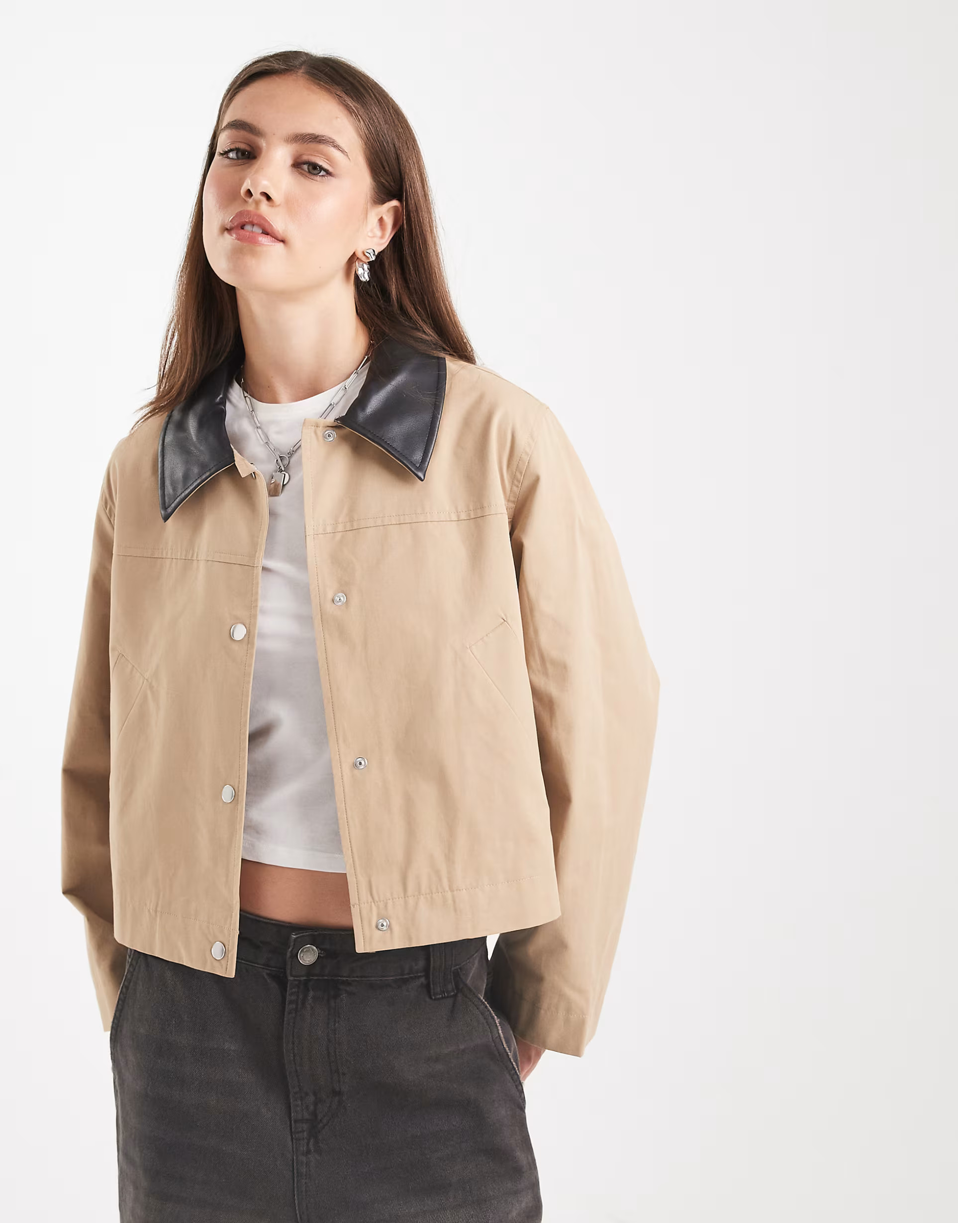 ONLY cropped barn jacket with faux leather collar in beige | ASOS | ASOS (Global)