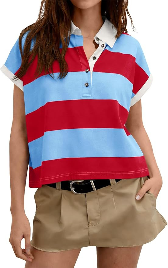 Tankaneo Womens Color Block Polo Shirts Sumemr Cap Sleeve Striped Tank Tops Oversized Casual Loos... | Amazon (US)