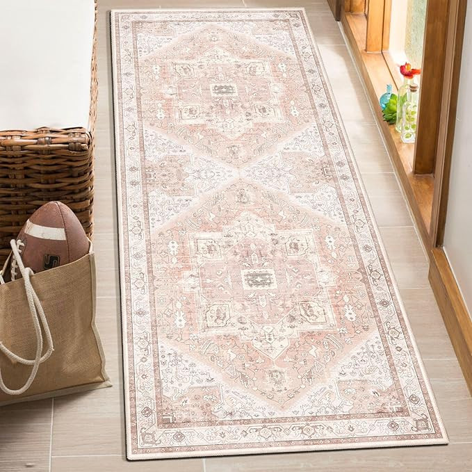 MUJOO Pink Runner Rug Washable,Boho Area Rugs for Hallways Kitchen Bedroom Entryway Bathroom,Non ... | Amazon (US)