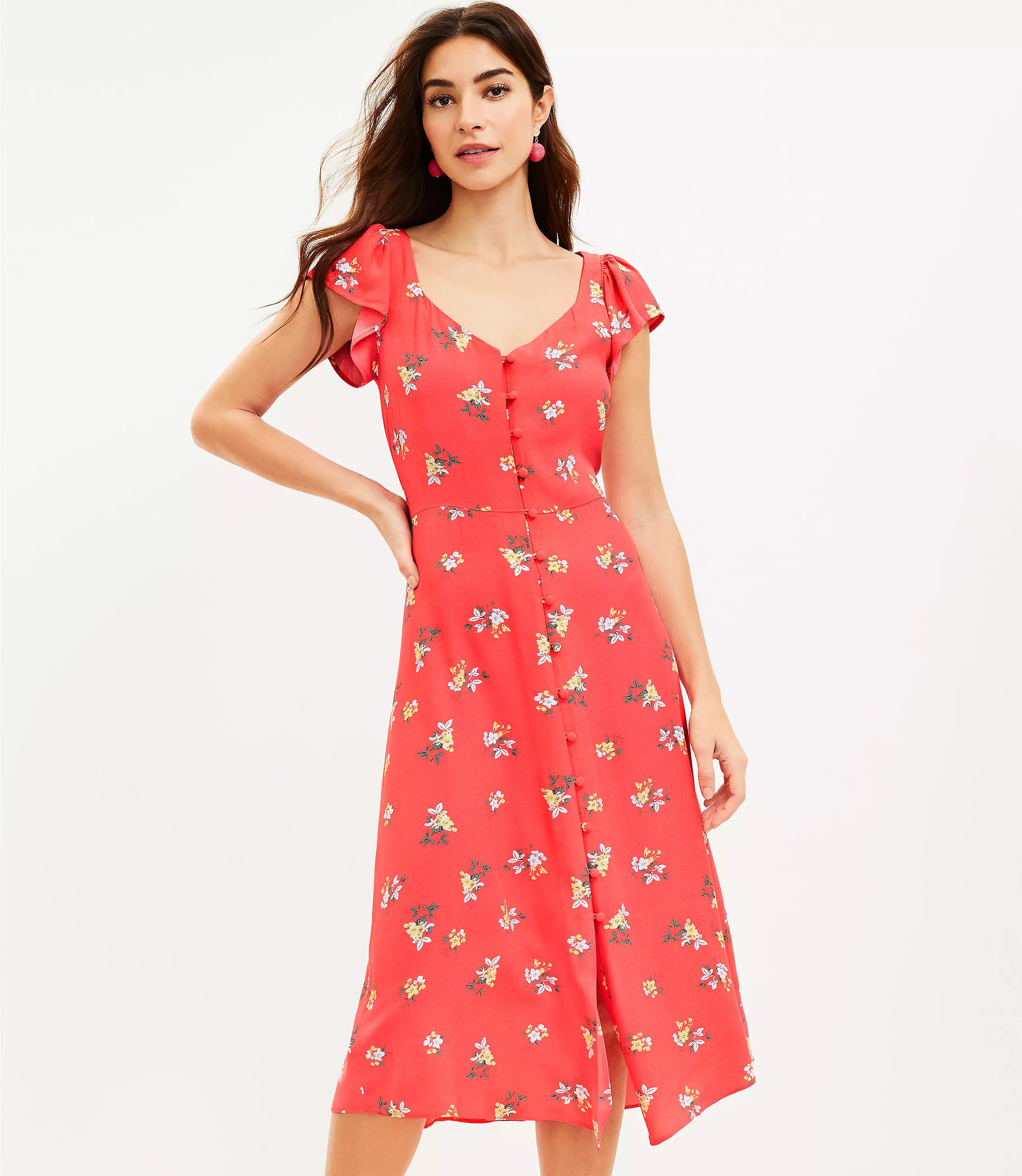 Floral Cap Sleeve Button Midi Dress | LOFT