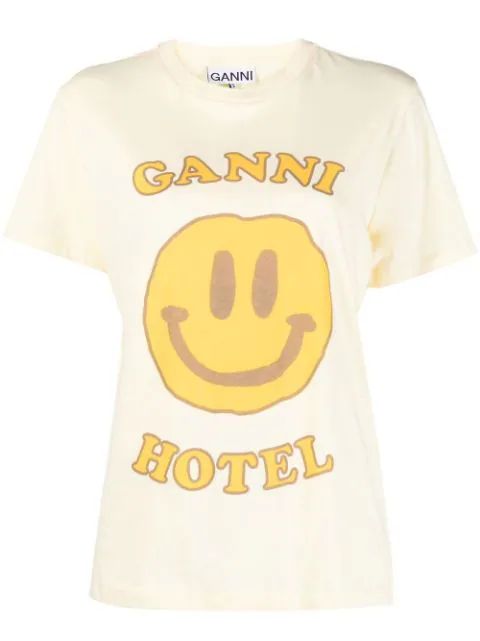 GANNI smile-print Organic Cotton T-shirt - Farfetch | Farfetch Global
