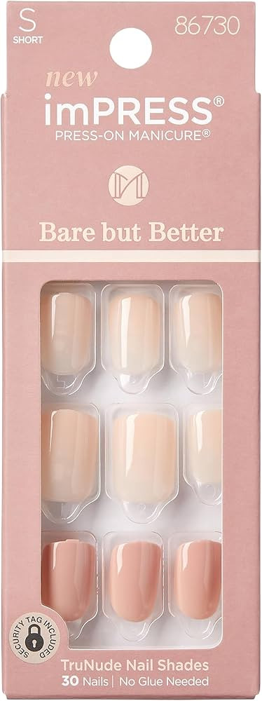 KISS imPRESS No Glue Mani Press On Nails, Bare But Better, 'Simple Pleasure', Nude, Short Size, S... | Amazon (US)