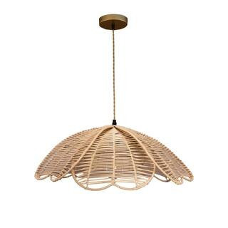 Zoe 1-Light Modern Natural Rattan Pendant Light Handmade Flower Shade hanging Light in Brass Finish Boho Decor | The Home Depot