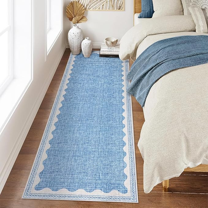 Scalloped Rug 2x6 Runners for Hallways, Solid Blue Runner Rug Non Slip Scalloped Bath Runner, Was... | Amazon (US)