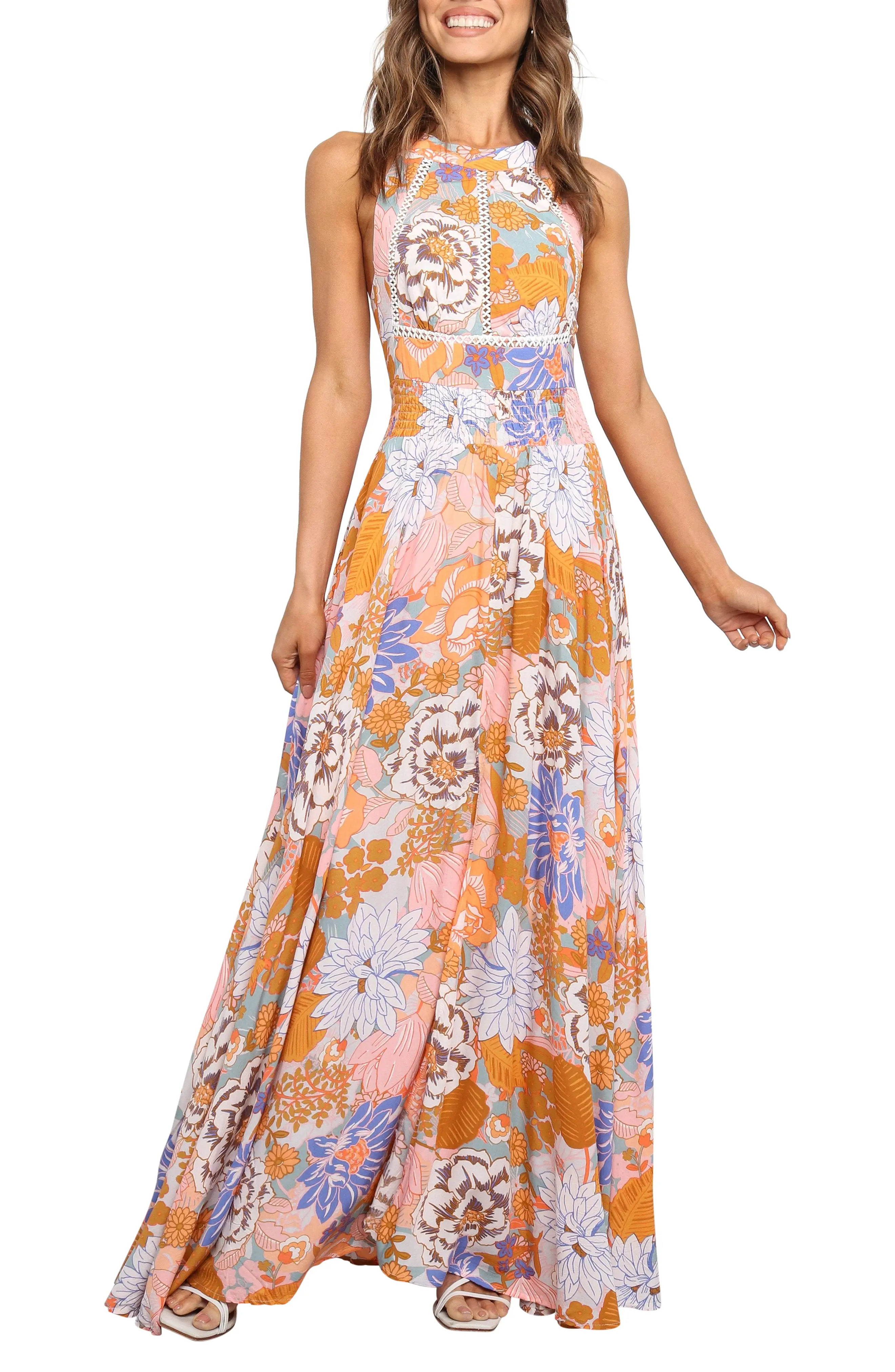 Petal & Pup Newell Floral Halter Maxi Dress in Orange at Nordstrom, Size Large | Nordstrom
