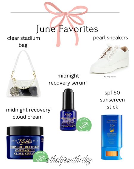 My June favorites 

Definitely some repeats but I loved them so much I included again 

Pearl sneakers, these are so comfortable and are such a fashionable white sneaker option 

Sunscreen stick, skincare on the go made easier 

Clear stadium bag, love this clear bag that has the pearls 

Kiehls midnight recovery serum and cloud cream. These feel so lovely on my skin and are a great addition to my nighttime skincare routine 

#LTKFind #LTKstyletip #LTKbeauty