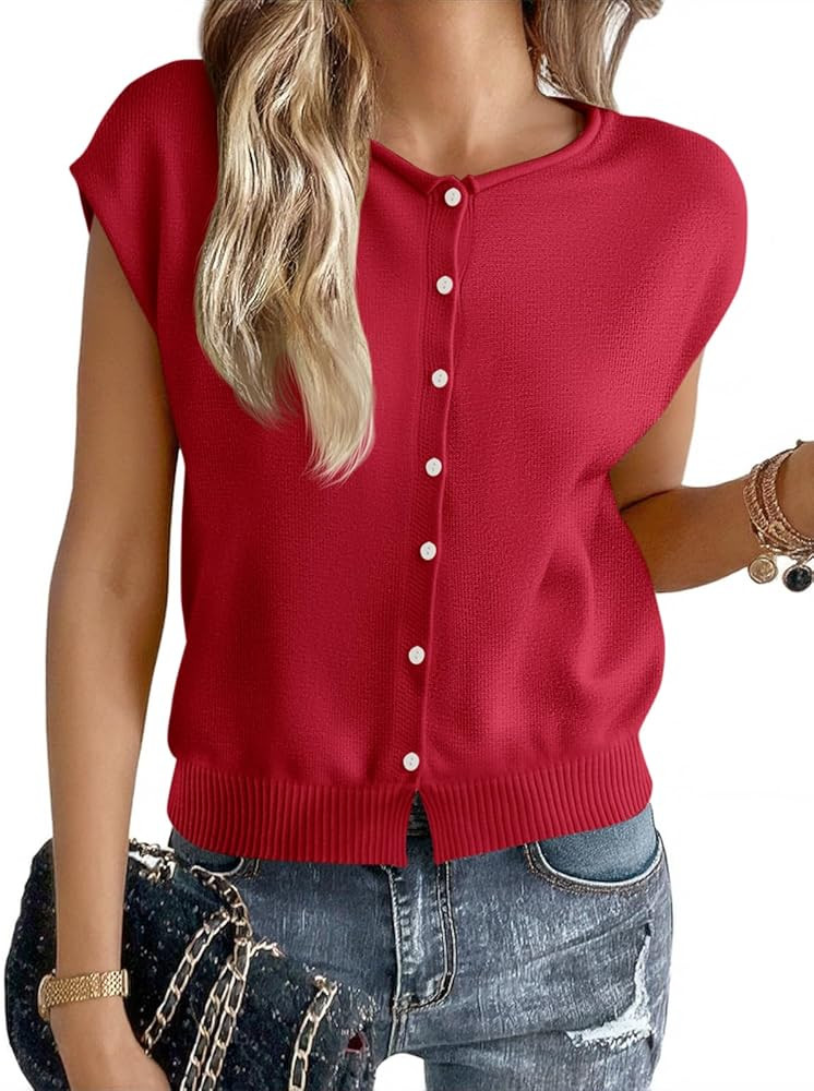 Cicy Bell Womens Cap Sleeve Sweater Vest Lightweight Casual Knit Tank Tops Trendy Crew Neck Butto... | Amazon (US)