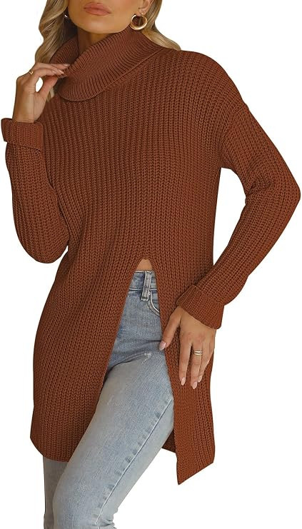 Shawhuwa Women's Long Sleeve Turtleneck Side Split Loose Chunky Knit Pullover Sweater Jumper Tops | Amazon (US)