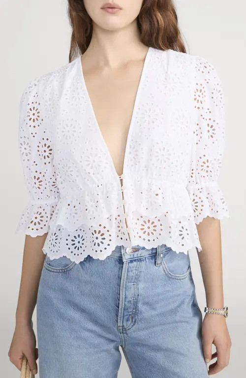 FRAME The Solstice Eyelet Cotton Top in White at Nordstrom, Size Large | Nordstrom