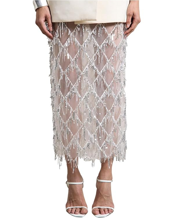 MakeMeChic Women's Sequin Midi Skirts Sheer Fringe Glitter Sparkly Party Club Cover Up Skirts | Amazon (US)