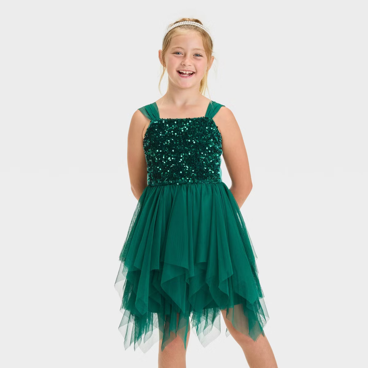 Girls' Sleeveless Sequin to Tulle Dress - Cat & Jack™ Dark Green M | Target