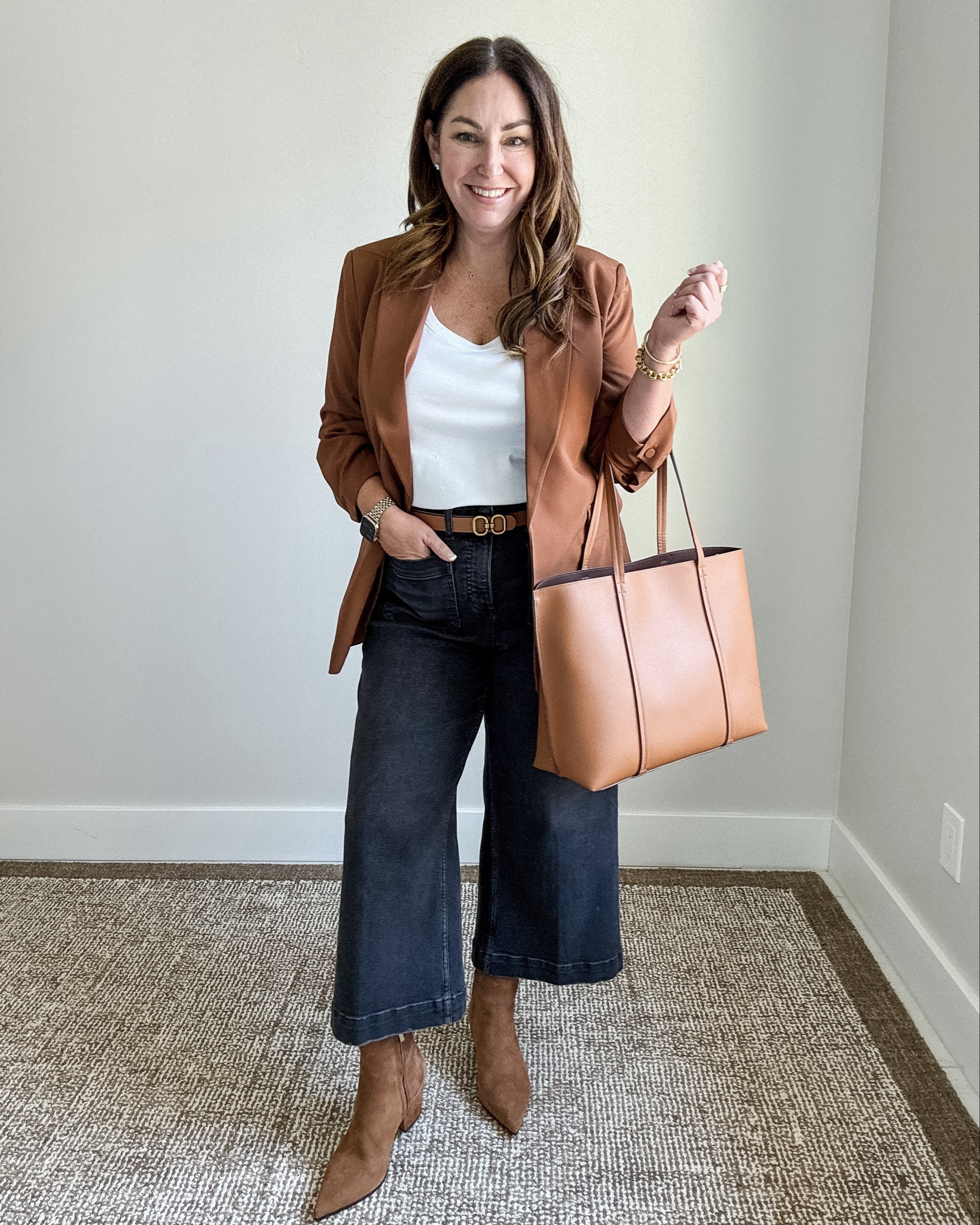 Business casual workwear outfit with wide leg, cropped jeans and fall boots || wearing XL in tank, Large in blazer, XL Petite in jeans  

 

#LTKMidsize #LTKStyleTip #LTKWorkwear