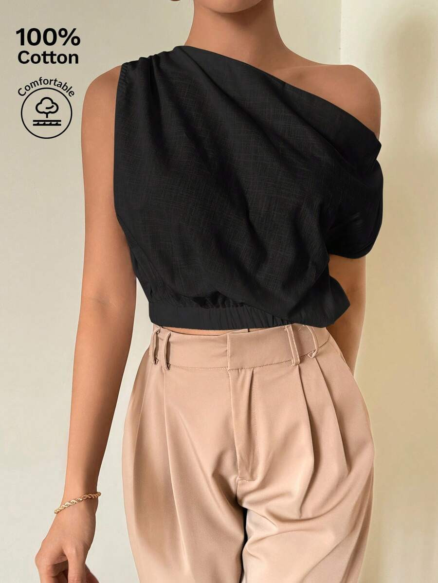 SHEIN Privé Plus Size Loose Sleeveless Asymmetrical Crinkle Linen Elegant Holiday Daily White Bl... | SHEIN
