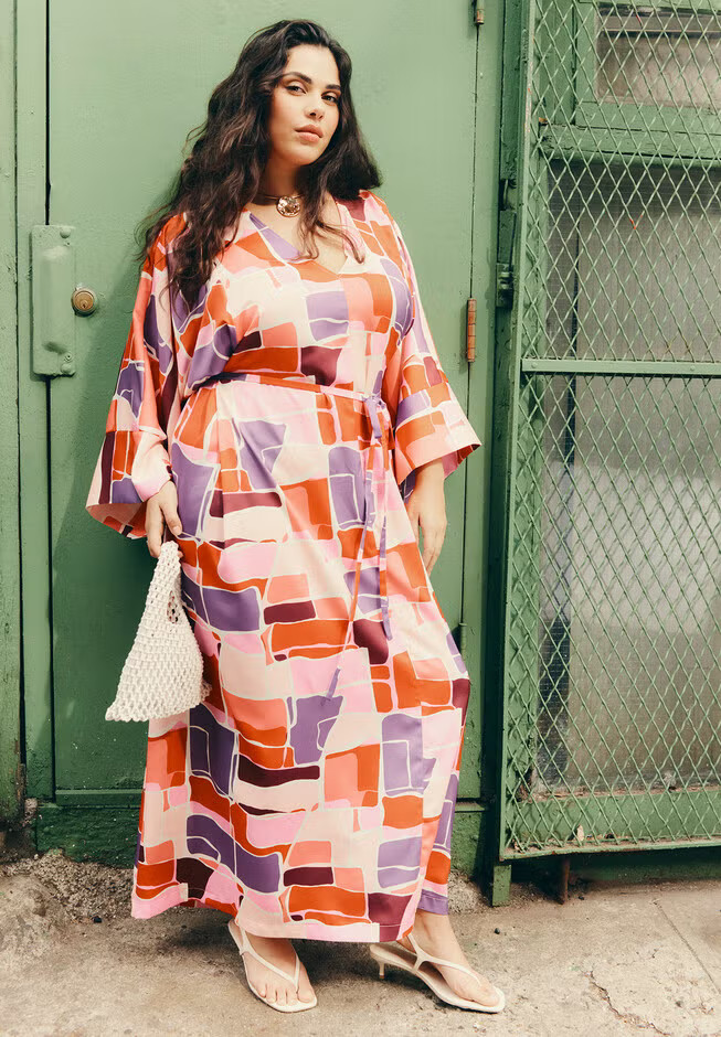 Printed Kimono Dress With Tie | Eloquii