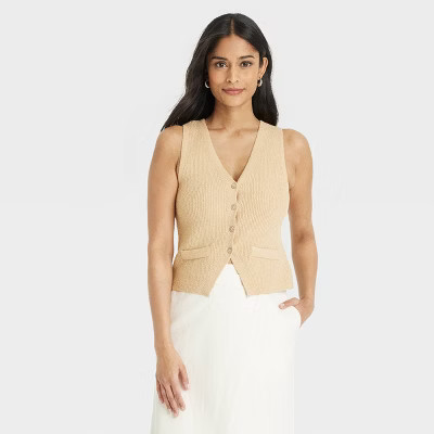 Women's Button-Front Sweater Vest - Universal Thread™ Tan S: Cotton Nylon Blend, V Neck, Slim Fit | Target