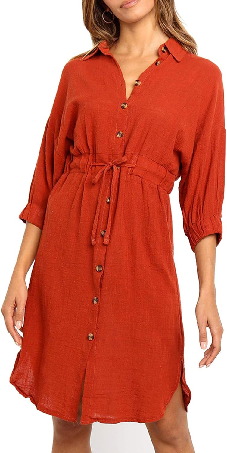 R.Vivimos Women's Summer 3/4 Sleeve Linen Button Down Casual Knee Length Dress with Tie Waist | Amazon (US)