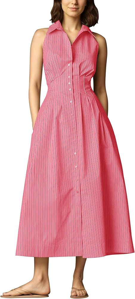 Lauweion Womens Button Down Striped Shirt Maxi Dress Slim Fitted Cinched Waist Summer Sleeveless ... | Amazon (US)