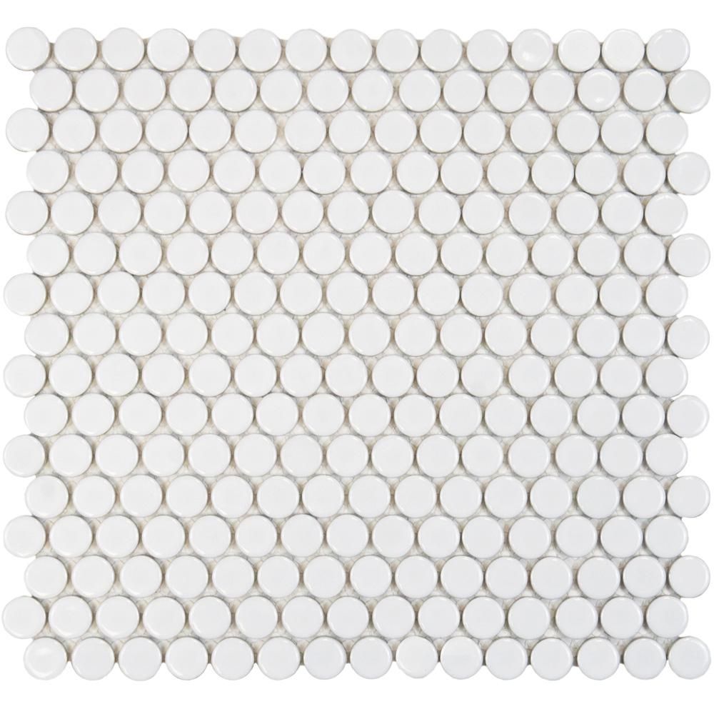 Hudson Penny Round Glossy White 12 in. x 12-5/8 in. x 5 mm Porcelain Mosaic Tile (10.74 sq. ft. /... | The Home Depot