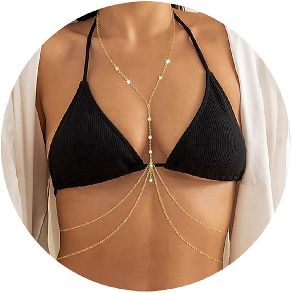 14K Gold Sexy Body Chains for Women, Layered Rhinestone Crossover Bikini Bra Body Jewelry, Summer... | Amazon (US)