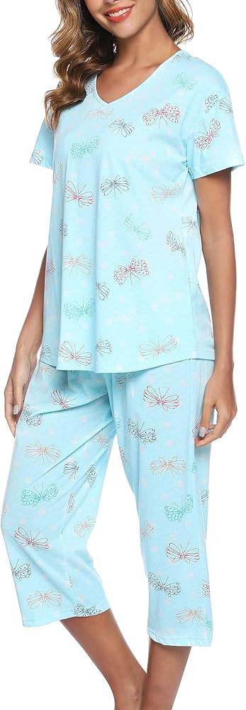 ENJOYNIGHT Womens Pajama Sets Cotton Pj Set Short Sleeve Top With Capri Pants Sleepwear 2 Piece L... | Amazon (US)