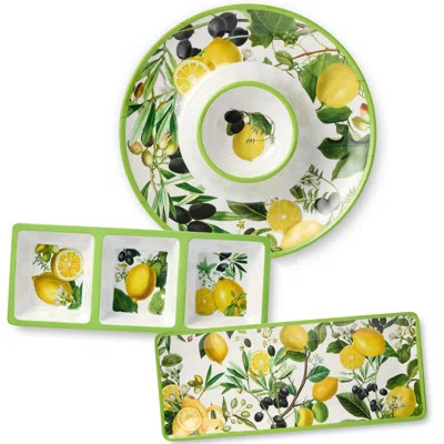 Limone Melamine 3-Piece Hostess Set - Chip & Dip Tray, 3-Section Relish Tray, and Rectangular Platter, Durable and Scratch-Resistant Lemon-Themed Serv | Wayfair North America