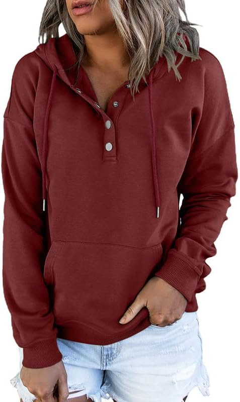 Dokotoo Womens 2024 Hoodies Button Collar Drawstring Hooded Pullover Sweatshirt Casual Long Sleev... | Amazon (US)