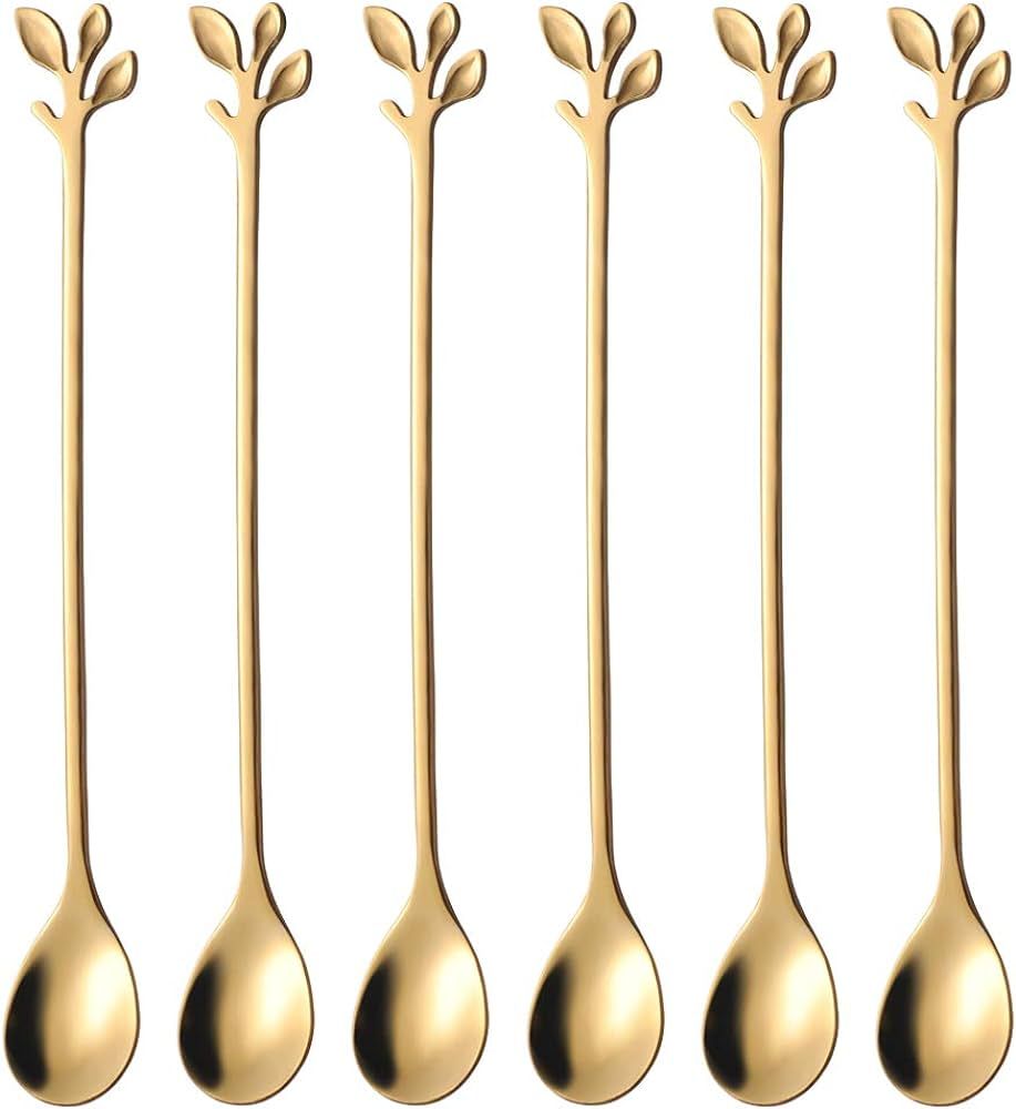 AnSaw Long Handle 7.4-Inch Leaf Teaspoons set, 6 Pcs Gold Stainless Steel Coffee stirring spoon | Amazon (US)