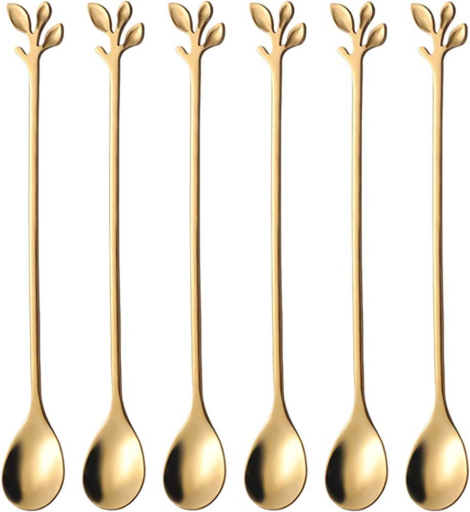 AnSaw Long Handle 7.4-Inch Leaf Teaspoons set, 6 Pcs Gold Stainless Steel Coffee stirring spoon | Amazon (US)
