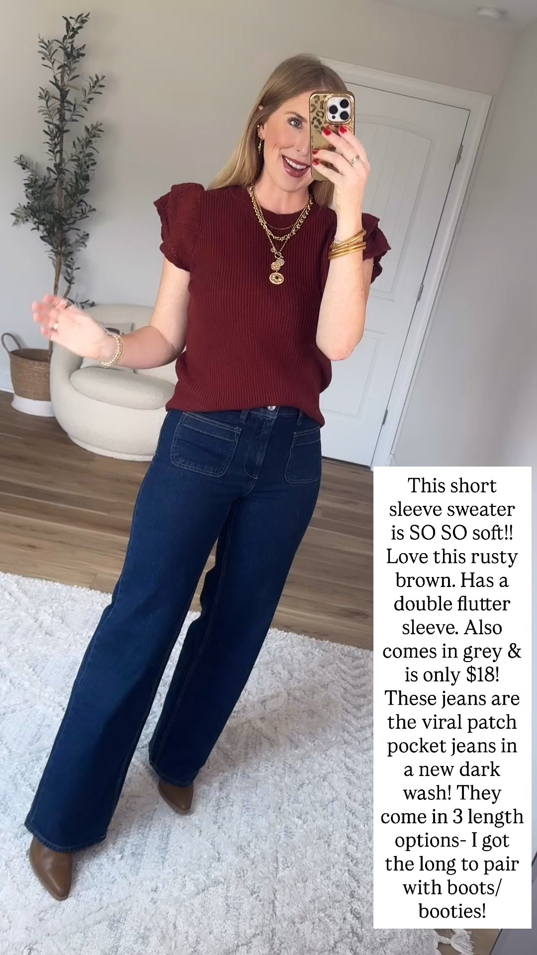 Ruffle sleeve sweater and patch pocket jeans from Walmart!

#LTKootd