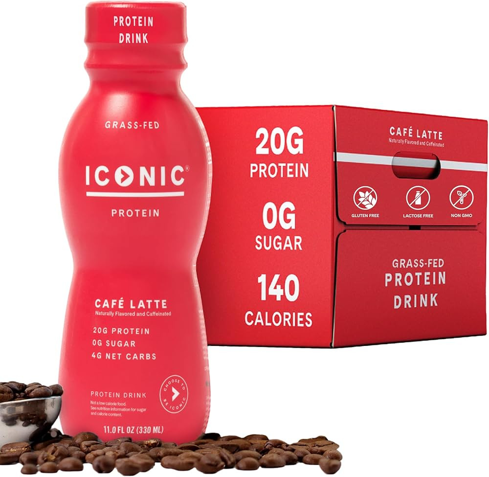 Iconic Protein Drinks, Café Latte (12 Pack) - Sugar Free & Low Carb - 20g Protein + 100mg Caffei... | Amazon (US)