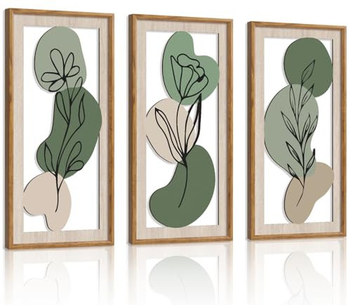 HPNIUB 3 PCS Minimalist Floral Wall Decor, Boho Green Geometric Hanging Wood Sign for Living Room, 8x16Inch Modern Bohemian Botanical Leaf Wooden Plaque for Apartment Bedroom Office Decoration | Amazon (US)