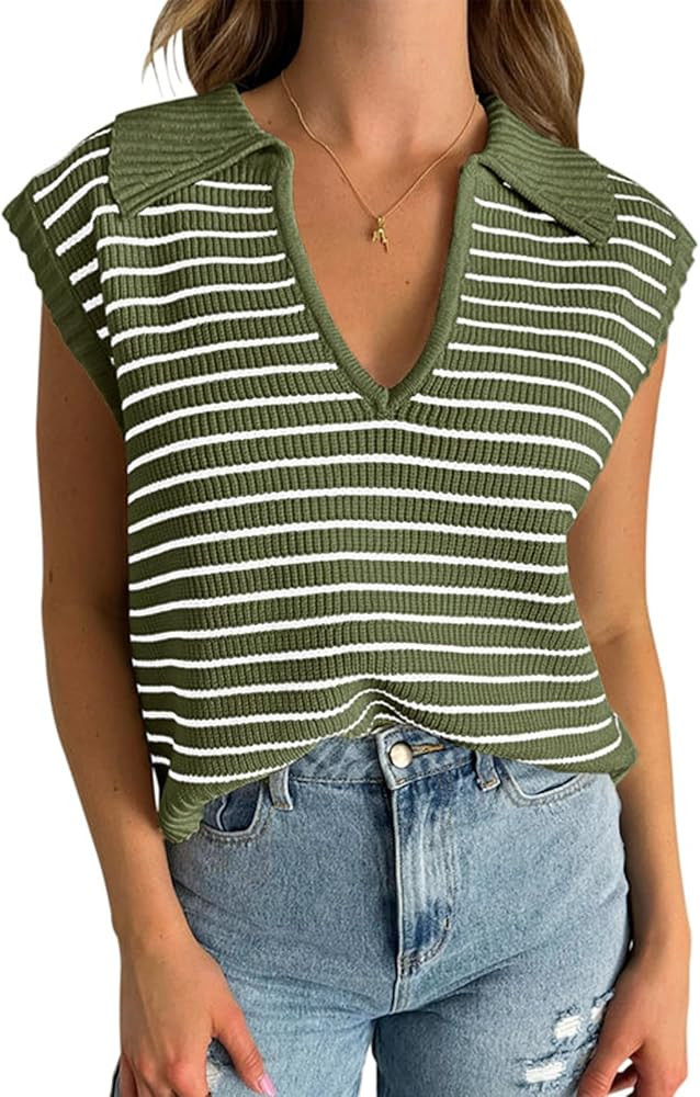 Amazon.com: Tank Tops for Women Loose Fit Oversized Sweater Vest Lapel Collar Striped Sweaters Ar... | Amazon (US)