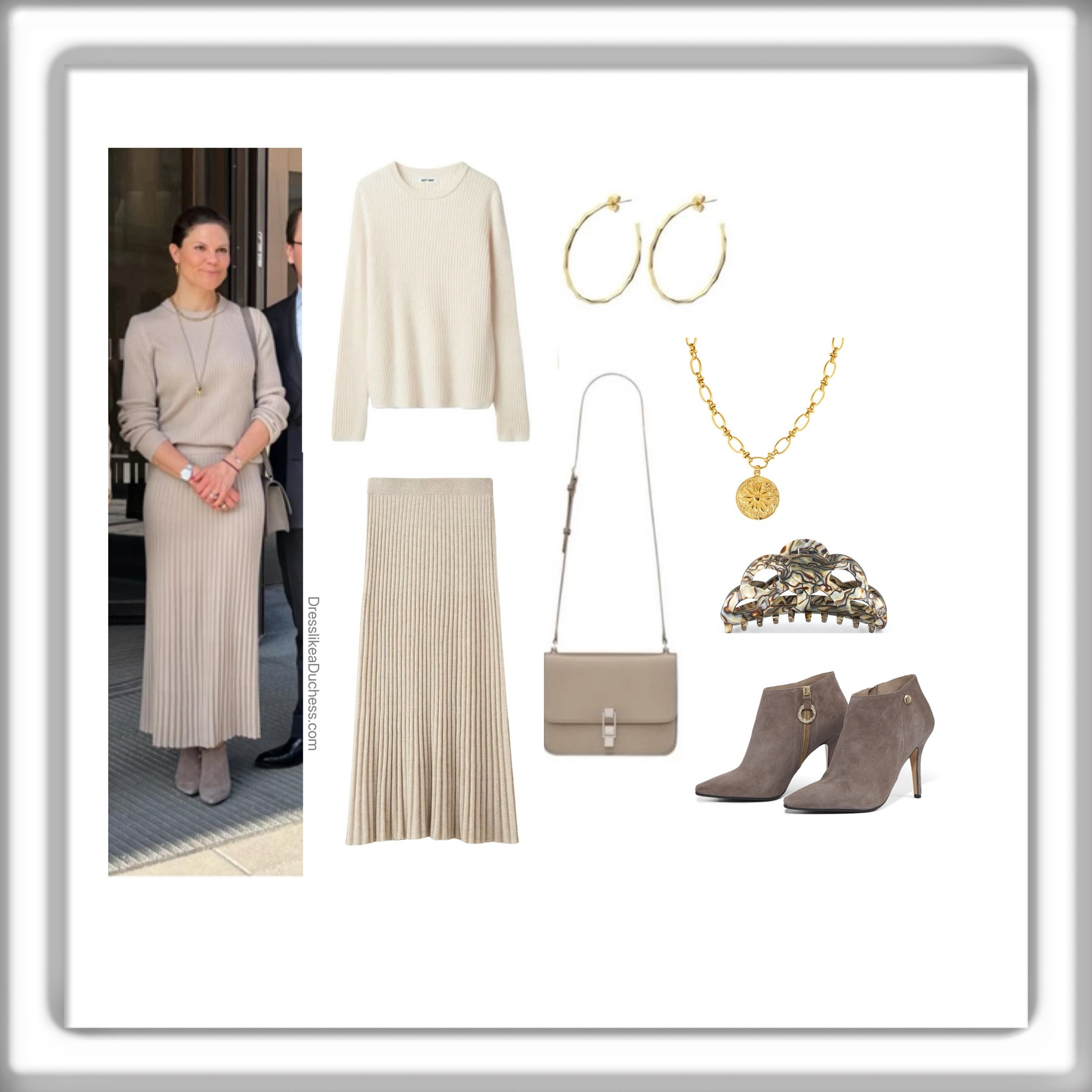Crown Princess Victoria March 2024 in Soft Goat, Saint Laurent Carre Satchel Bag, af Klingberg Rakel Booties in Taupe Suede, Alexandré de Paris Large Clip
