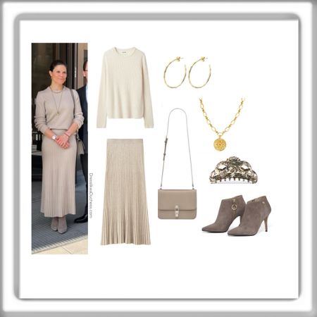 Crown Princess Victoria March 2024 in Soft Goat, Saint Laurent Carre Satchel Bag, af Klingberg Rakel Booties in Taupe Suede, Alexandré de Paris Large Clip
