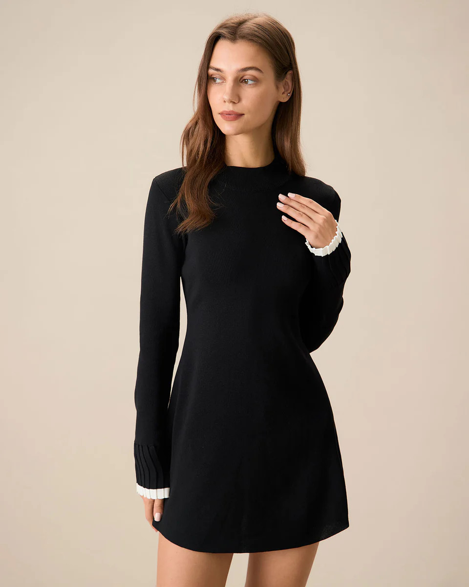 Black Contrasting Long Sleeve Sweater Mini Dress | rihoas.com