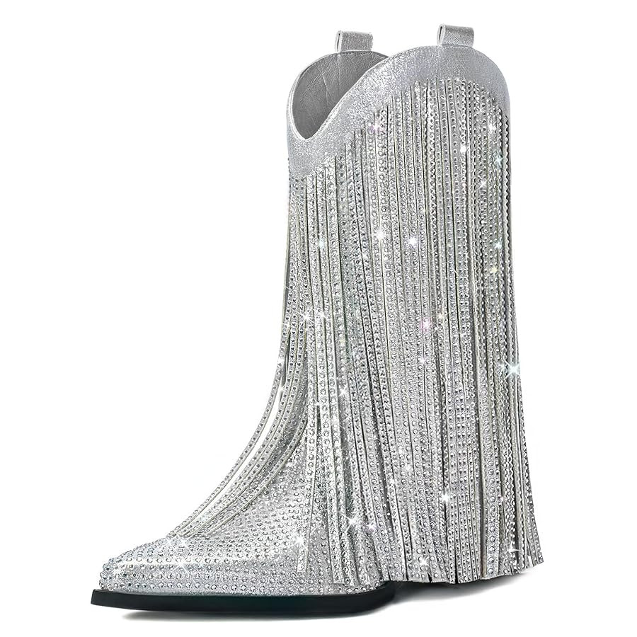 Fringe Cowboy Boots for Women – Mid Calf Cowgirl Boots with Star Studded, Pointed Toe and Chunk... | Amazon (US)
