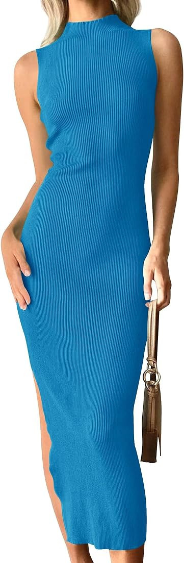 ZESICA Women's 2024 Summer Knitted Sweater Dress Sleeveless Mock Neck Ribbed Side Slit Bodycon Ta... | Amazon (US)