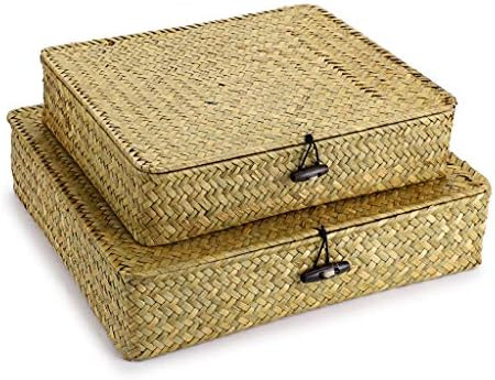 Hipiwe Set of 2 Flat Woven Wicker Storage Bins with Lid Natural Seagrass Basket Boxes Multipurpose H | Amazon (US)